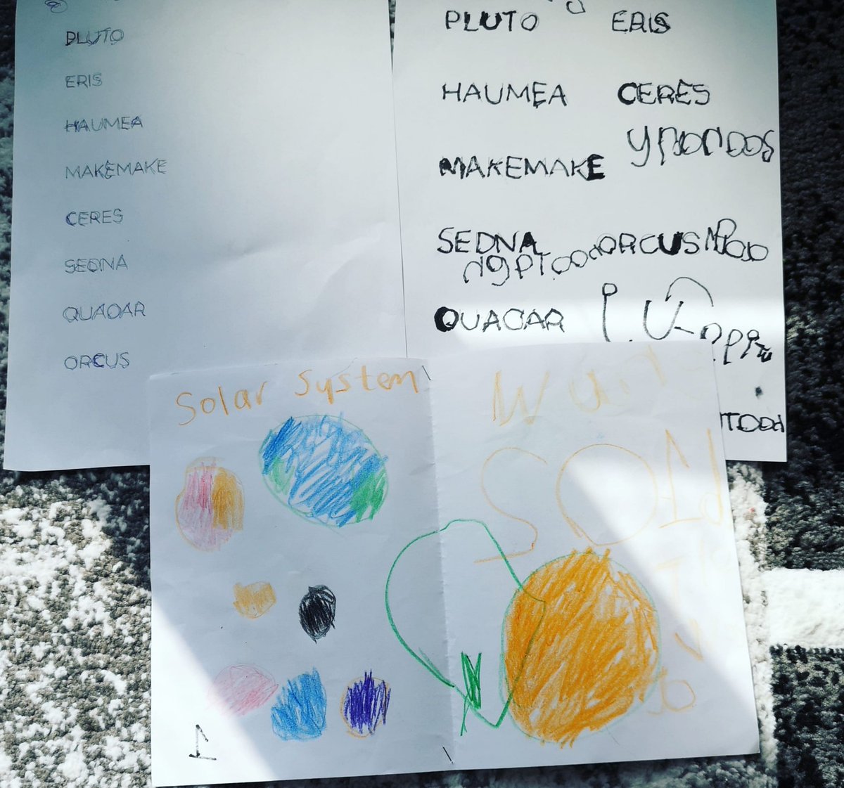 missrosewrites's tweet photo. My 5 year old is obsessed with space and dwarf planets! The only way to get him to do anything is to make it relate to planets in some way. Today we practiced spelling dwarf planet names and he wrote a book about the solar system. #homeschooling #QuarantineDiaries #mumlife https://t.co/KNYFiRSU31