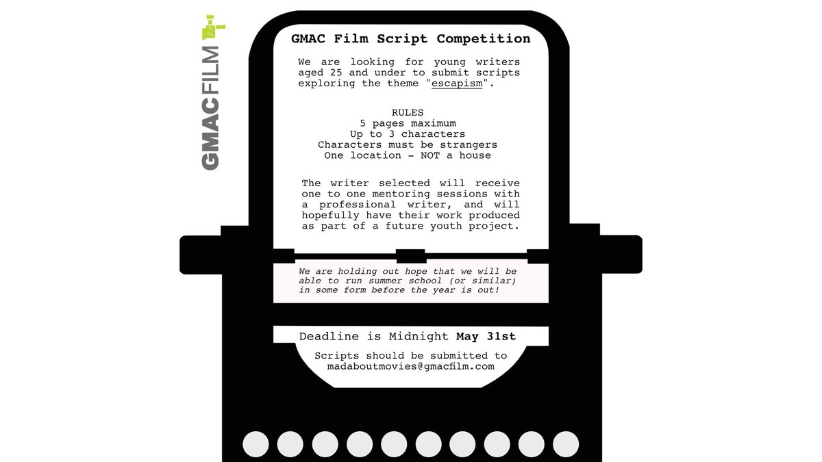 GMACFilm's tweet photo. We are happy to announce this years summer school script competition! Unfortunately, we have no idea if summer school will run this year. However! We are holding out hope that we will be able to run something similar before the year is out.We will let you know as soon as we know! https://t.co/sxjRESYCX1
