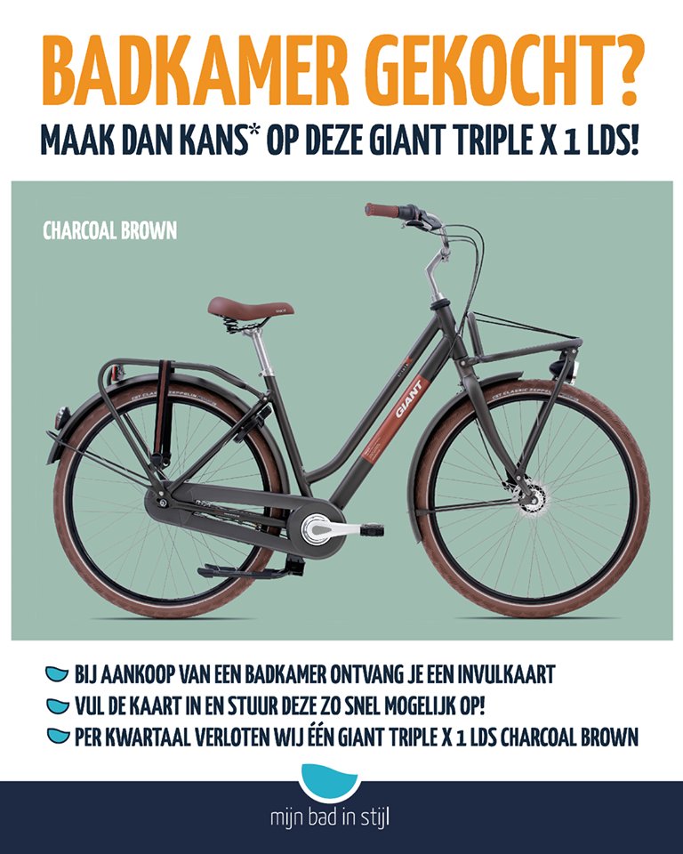 Maar dat is een gave actie! Bij 
<a href="/MijnBAD/">Mijn BAD</a> maak je bij het aankopen van een badkamer bij een mijn bad in stijl specialist nu kans op de GIANT TRIPLE X 1 LDS 🚵‍♂️! Tijd voor een mooie nieuwe badkamer én gave fiets dus?! 😉

Details en actievoorwaarden: bit.ly/giant-fietsact….