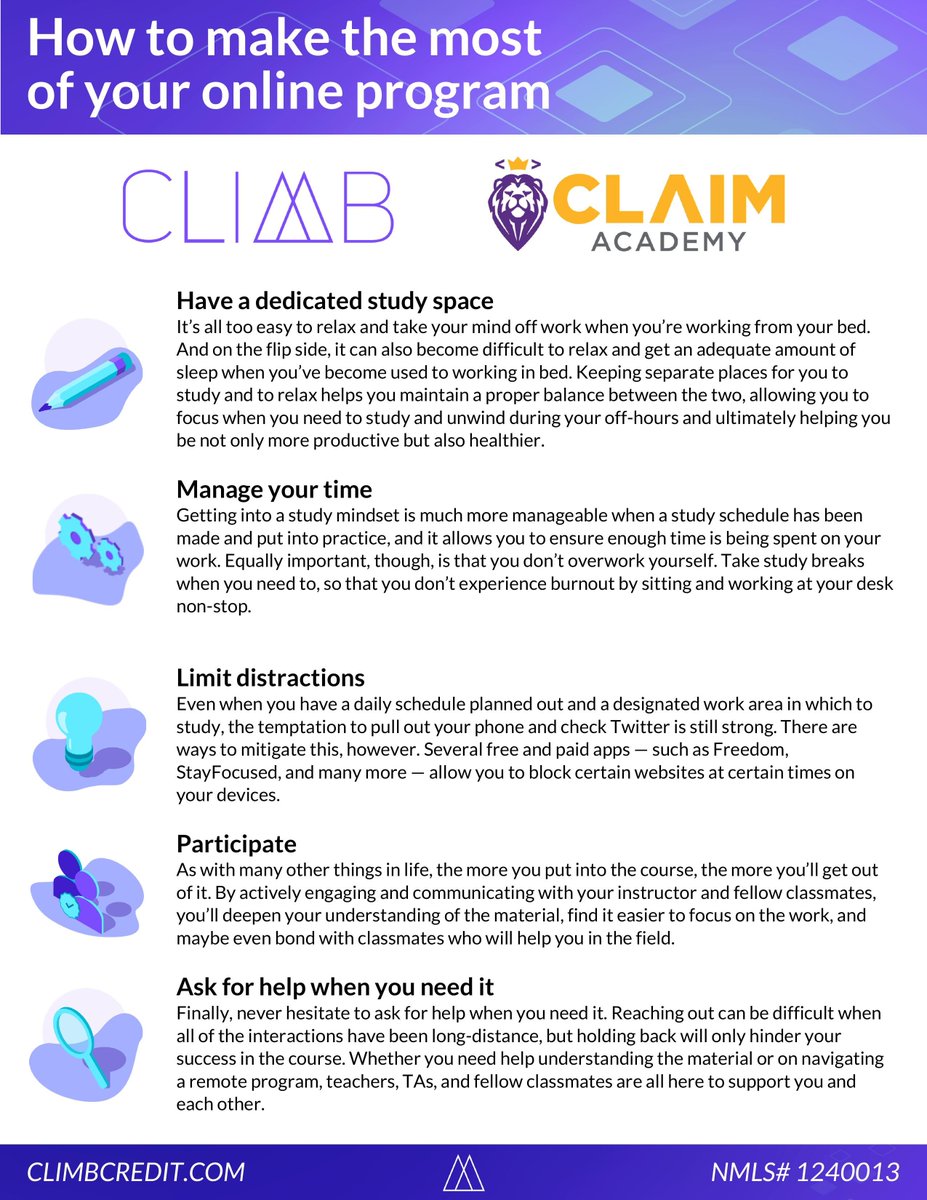ClaimAcademySTL's tweet photo. We know that many students are studying for their finals right now, and are having difficulties adapting to the new online environment. Here are some studying great tips provided by our friends @climbcredit!
#studyhacks #learntocode #climbcredit https://t.co/tZUYN2BGkG