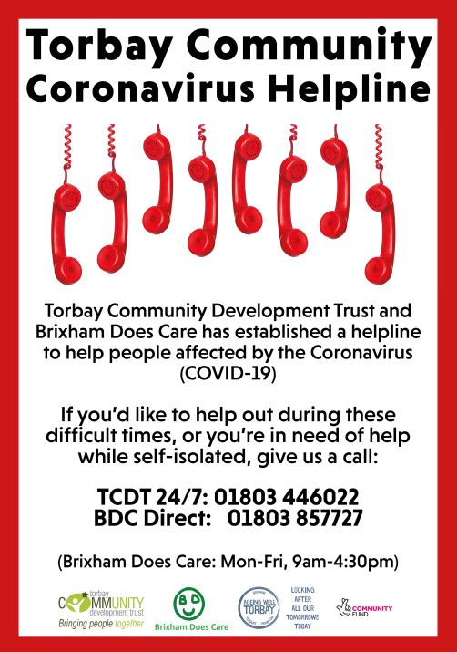 TUCSTrust's tweet photo. @TUCSTrust members of staff have registered with the Torbay Community Coronavirus Helpline. Get in touch with the Helpline if you need any help or support.

📞 01803 446022 (@TorbayCDT 24/7)
📞 01803 857727 (Brixham Does Care, 9.00-4.30pm)

#TUCST #TorbayKind #Covid19 https://t.co/G2vQZE4sdG