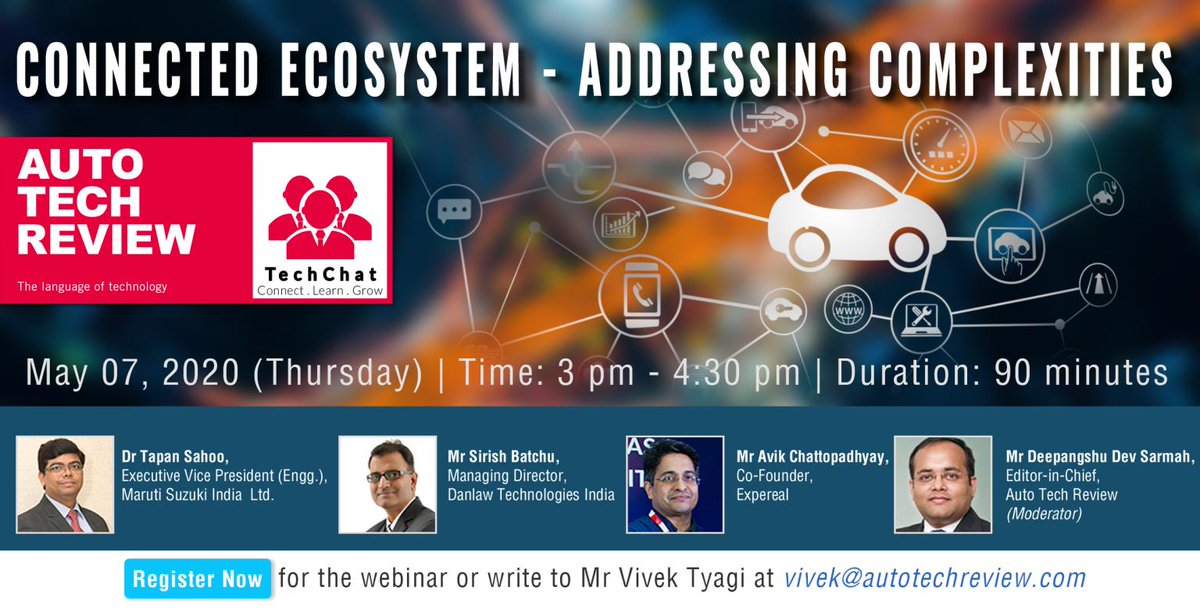 Join for the 2nd webinar in <a href="/AutoTechReview1/">Auto Tech Review</a>'s ATR Tech Chat series on "Connected Ecosystem - Addressing Complexities" with Dr Tapan Sahoo, Sirish Batchu &amp; Avik Chattopadhyay on May 7th, 3 pm. Register here: bit.ly/3bZm8nW

<a href="/drtapans/">Dr Tapan Sahoo</a> <a href="/sirishbatchu/">Sirish Batchu</a> <a href="/Byapok/">Avik Chattopadhyay</a>