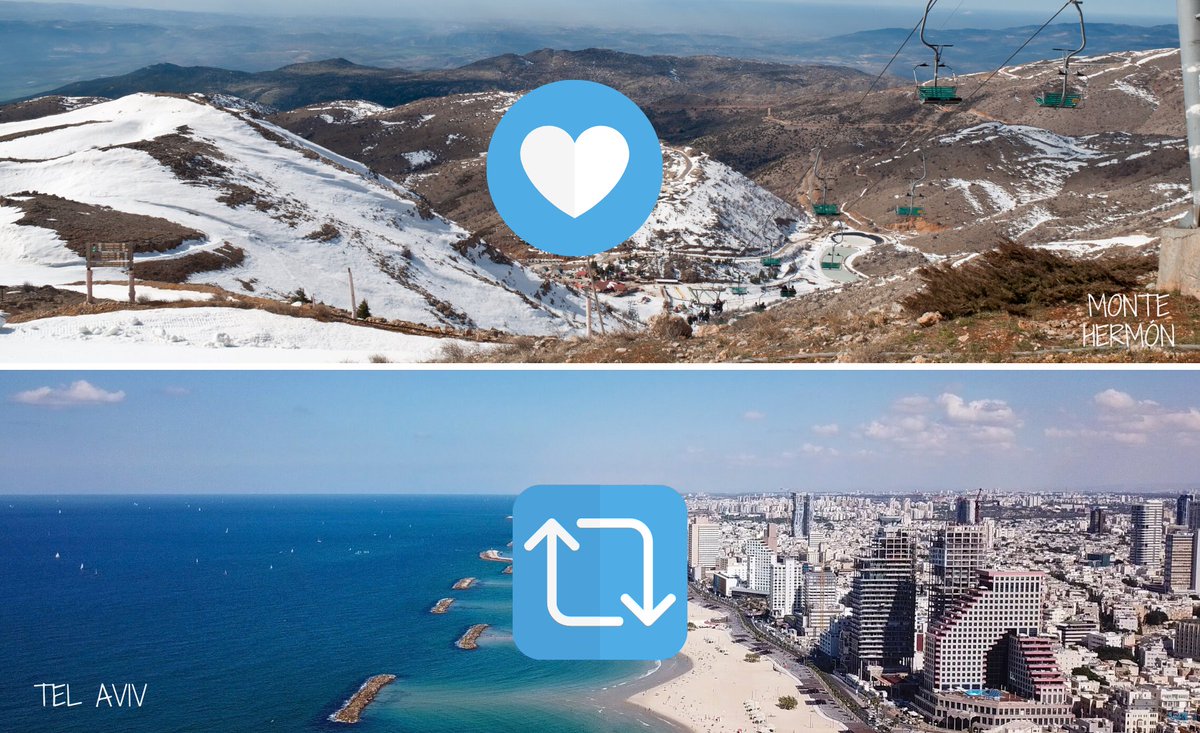 IsraelinSpanish's tweet photo. #Israel es un país pequeño en superficie pero grande en Recursos. 

De norte a sur, puedes encontrar diferentes climas y paisajes hermosos. Cuando puedas viajar ✈️ ¿Que quieres visitar primero? 

¿Las hermosas playas del Mediterráneo 🏖o las montañas nevadas del Monte Hermón 🏔? https://t.co/TN9N9KZeOr