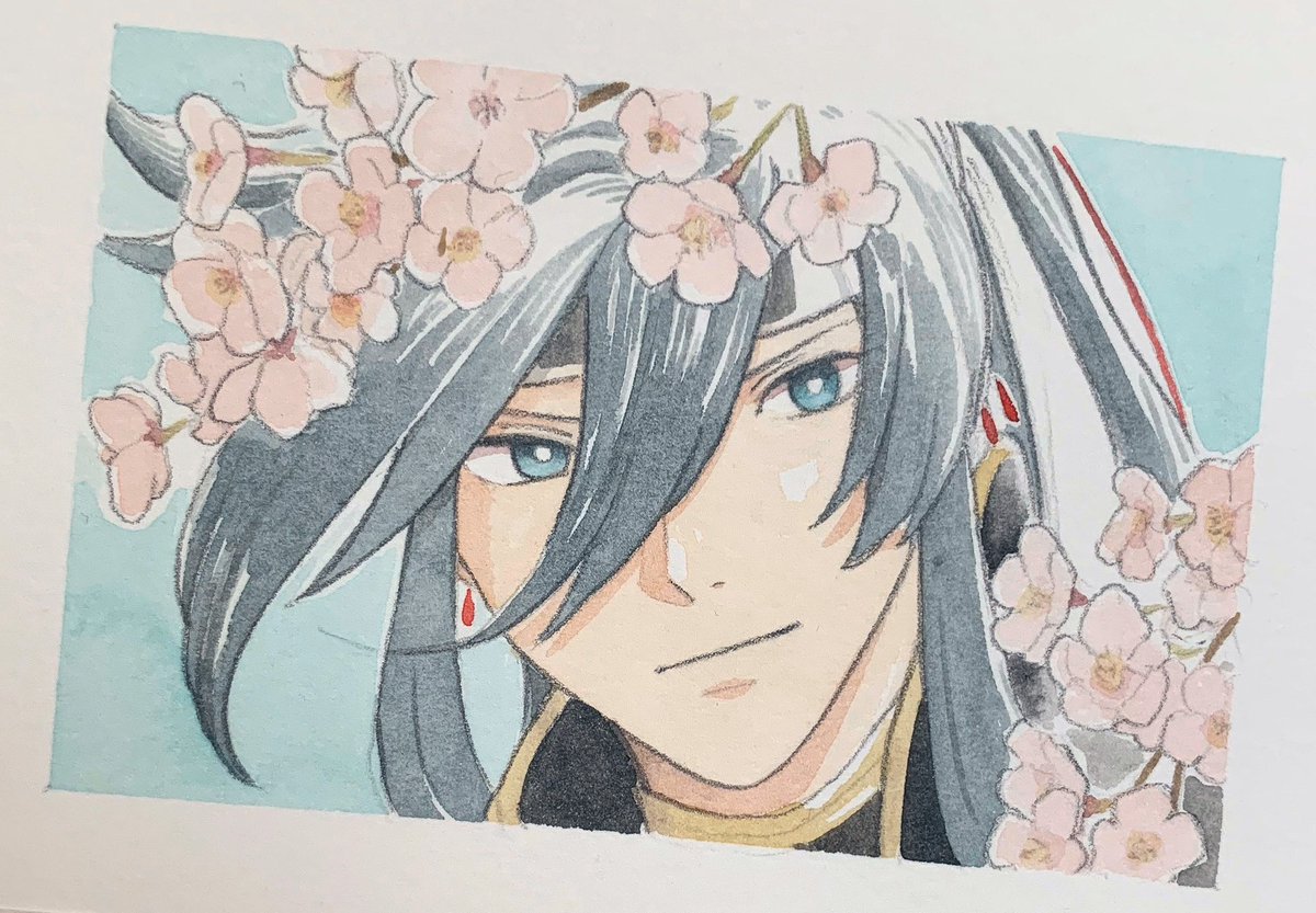 1boy male focus solo cherry blossoms blue eyes flower traditional media  illustration images