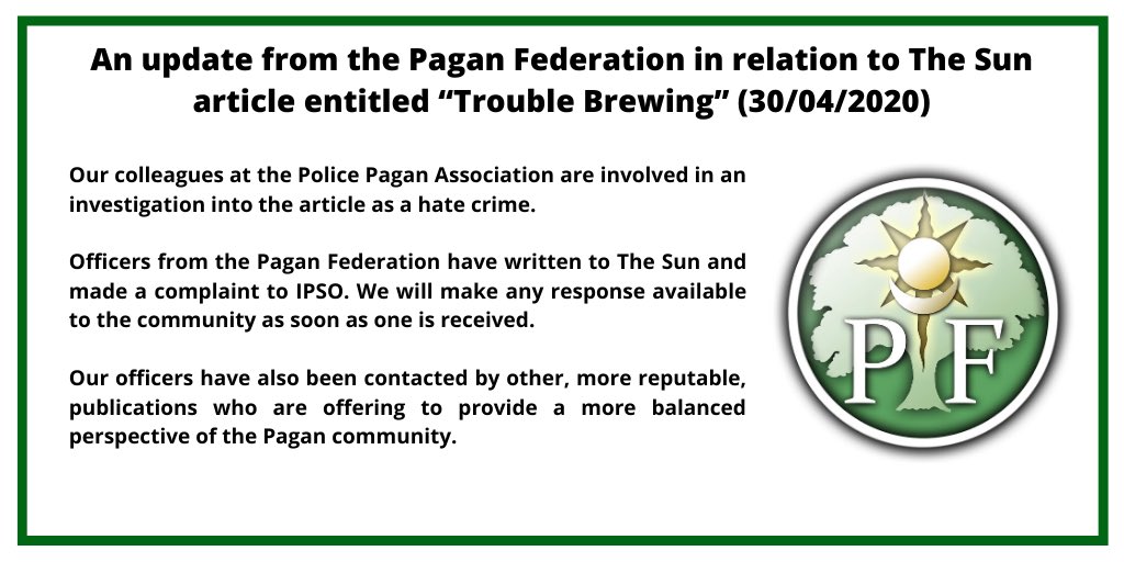 paganfederation's tweet photo. 𝐀𝐧 𝐮𝐩𝐝𝐚𝐭𝐞 𝐢𝐧 𝐫𝐞𝐥𝐚𝐭𝐢𝐨𝐧 𝐭𝐨 @TheSun 𝐚𝐫𝐭𝐢𝐜𝐥𝐞
We will make any response available to the community as soon as one is received.
@IFNetUK #Beltane #Pagans https://t.co/ABZ98iNu7W