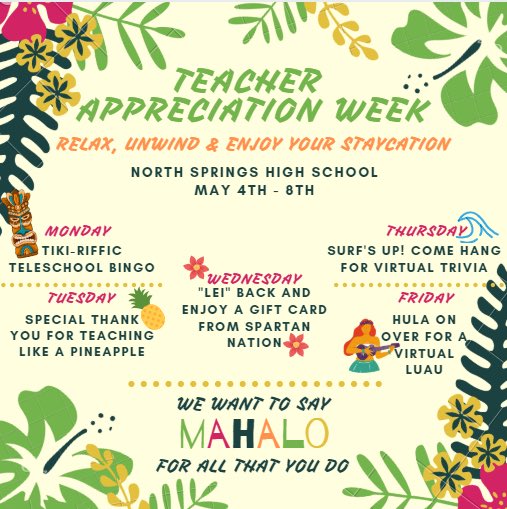 Happy teacher appreciation week Spartans!! <a href="/SpartanNationNS/">Spartan Nation: North Springs Foundation & PTO</a> @hansonmscott #MahaloNSTeachers #NorthSpringsStaycation #NSHSteacherappreciation