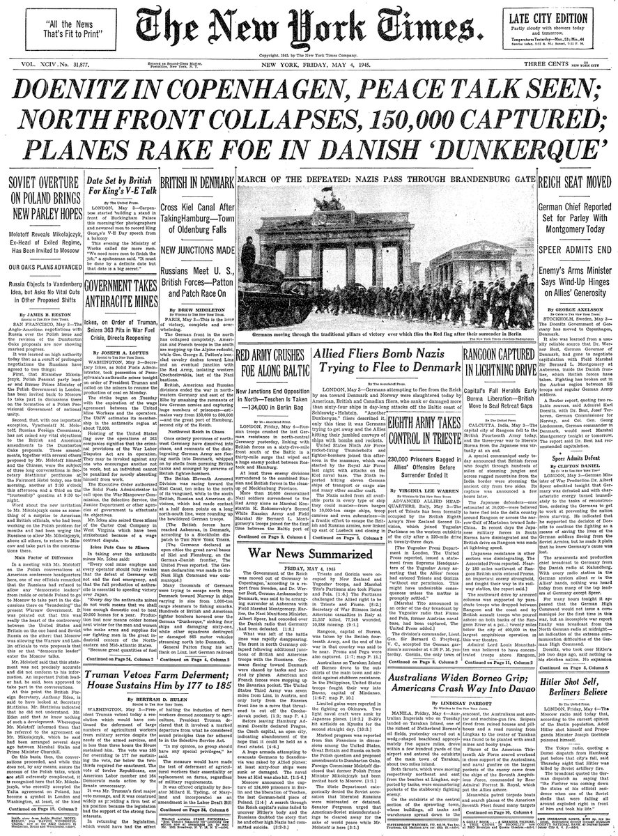 May 4, 1945: Doenitz in Copenhagen, Peace Talk Seen; North Front Collapses, 150,000 Captured; Planes Rake Foe in Danish 'Dunkerque'  https://nyti.ms/2WsBMll 