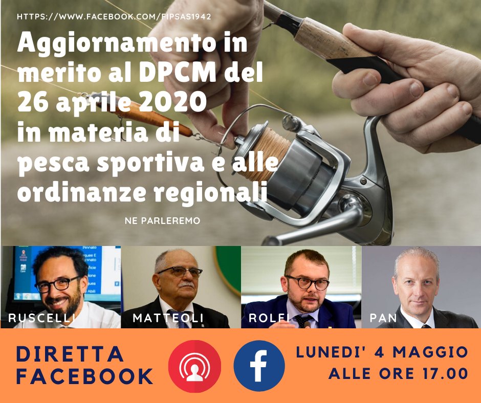 Fipsas1942's tweet photo. Incontro tra il presidente della #FIPSAS Ugo Claudio #Matteoli e il direttore #FIOPS Francesco #Ruscelli.
Saranno presenti l’assessore regionale della #Lombardia Fabio #Rolfi e l'assessore regionale del #Veneto Giuseppe #Pan.
Diretta Facebook oggi lunedì 04 maggio ALLE ORE 17🕔 https://t.co/QMCgFGko0W