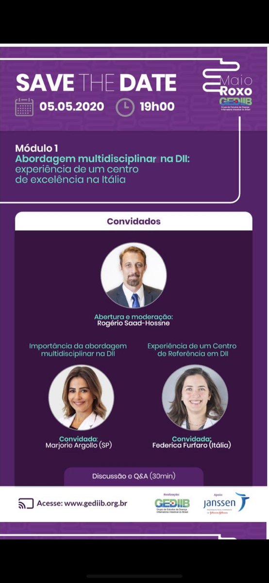 É amanhã as 19:00! Falaremos da importância do atendimento multidisciplinar na Doença Inflamatória Intestinal e experiência de um Centro de Referência na Itália. Vamos fazer um Maio Roxo especial!