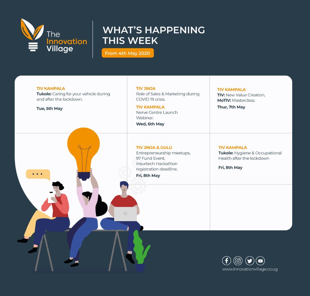 TheVillageUG's tweet photo. We'll be on a roll this week, starting with the @Tukole_Ug team hosting @MakanikaDotCom tomorrow, @TIVInsurTech calling participants for the #InsurtechHackathon, the launch of our TIV COVID Nerve Centre, and a lot more. #ThisWeekAtTIV https://t.co/jpt4NSYgPS