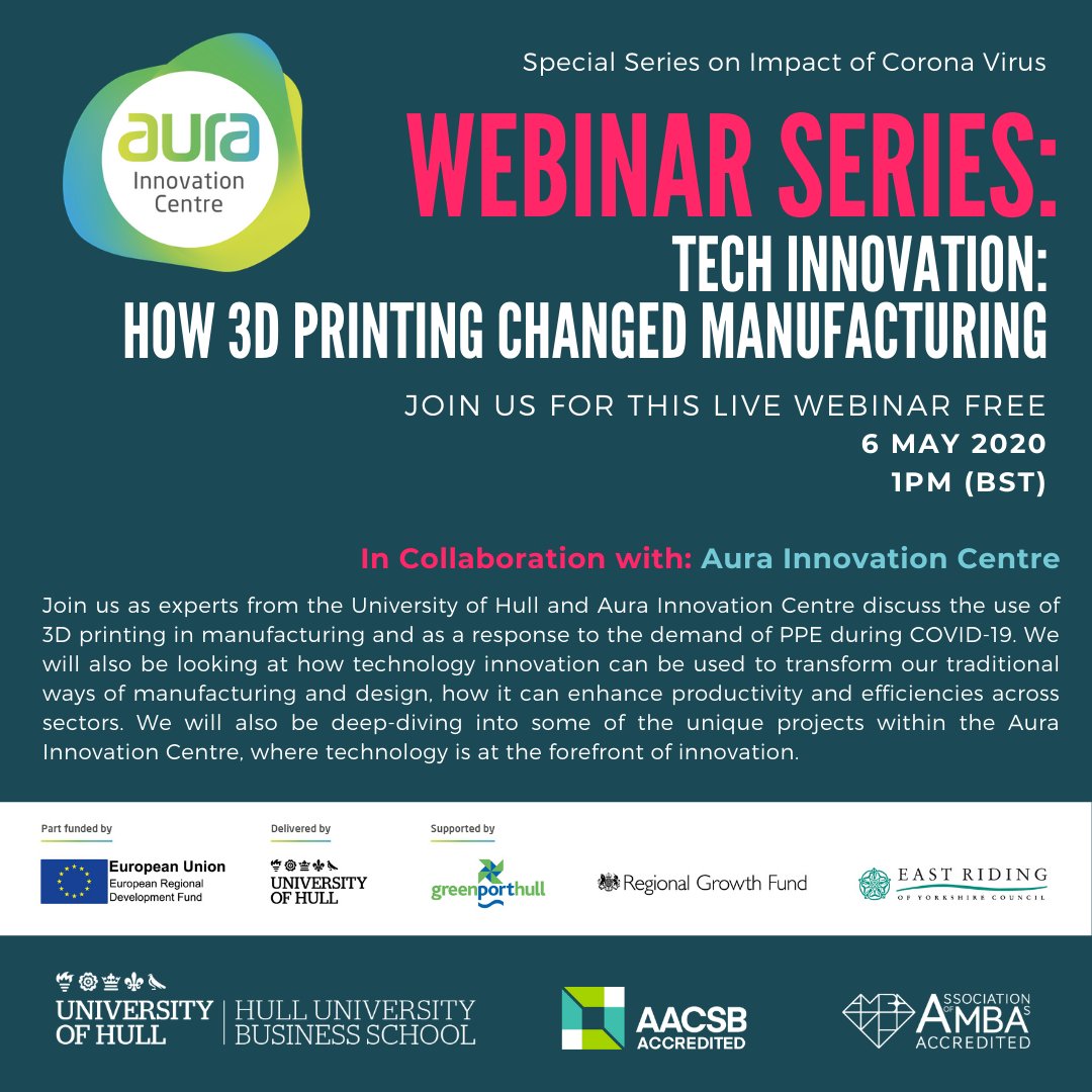_aurainnovation's tweet photo. Don't forget! You can join @UniOfHull experts for a webinar on 6 May at 1pm. Find out about the more about #3Dprinting, how it is transforming #manufacturing and the support available for #businesses. https://t.co/peQka3CG3Y