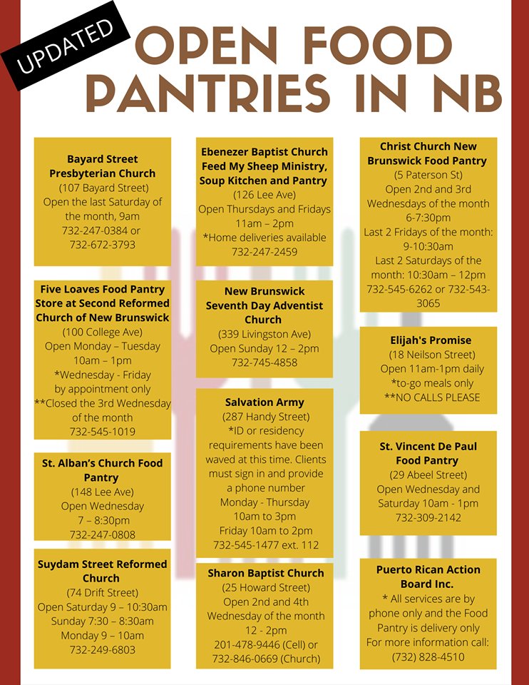 NBCityCenter's tweet photo. If you or someone you know are in need of a food in #NewBrunswick, see below for the current list of open pantries. These change daily, so be sure to contact them ahead of time to check for availability.
#foodpantry #newbrunswicknj #newbrunswicknjstrong #supportnewbrunswick https://t.co/bWRwHaGCSd