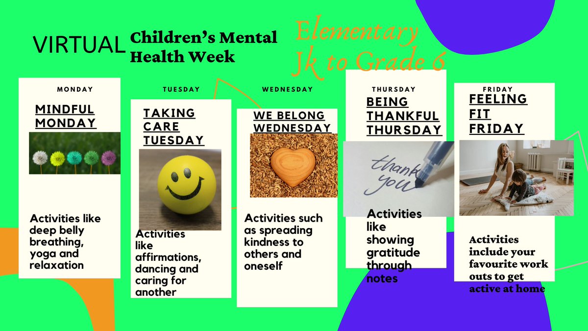 TDSB_Psych's tweet photo. It’s Children’s Mental Health Week! Let’s all do the activities together, though separately. 
Here’s the elementary calendar and for more details and links go to -
https://t.co/W9EZcRuJy9 https://t.co/pRfwIYe55i