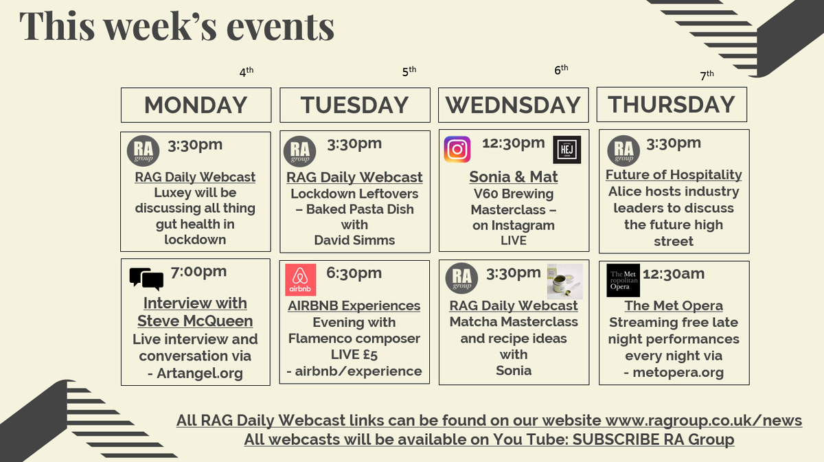 Rest_Associates's tweet photo. Happy Monday everyone! Check out a few interesting virtual events we found on the web to keep you busy during lockdown. 

#stayhome #livewell #community #webcasts https://t.co/aaz732Y8zs