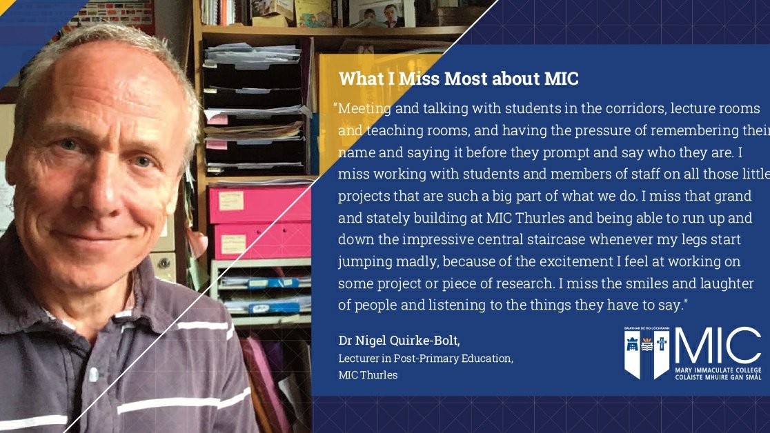 MICThurles's tweet photo. At #MICThurles, you'll find a close knit community, & a warm & welcoming atmosphere.
As he works from home, lecturer in post-primary education, Dr Nigel Quirke-Bolt, shares what he's missing most about life at our #Thurles campus.
#MissingMIC #WorkingFromHome https://t.co/dVxBwc9MtQ