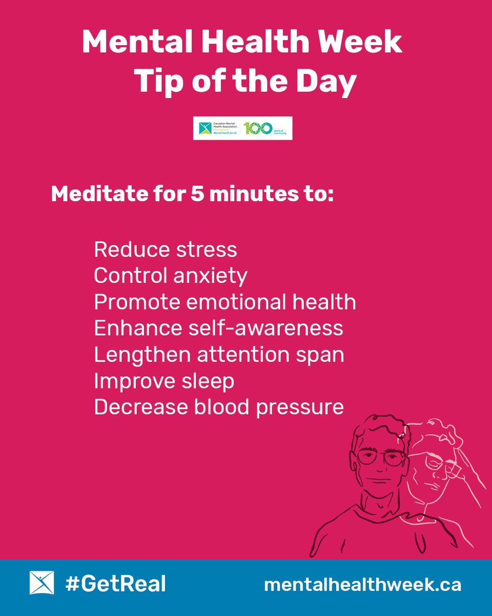 CMHAPeelDuff's tweet photo. Today's #MentalHealthWeek Tip of the Day is to try and meditate for five minutes. Take ten deep breaths or use an app like @wakingup or @Headspace. A great form of self-care that will help fill your cup. #TogetherApart https://t.co/OwT83HOsc5