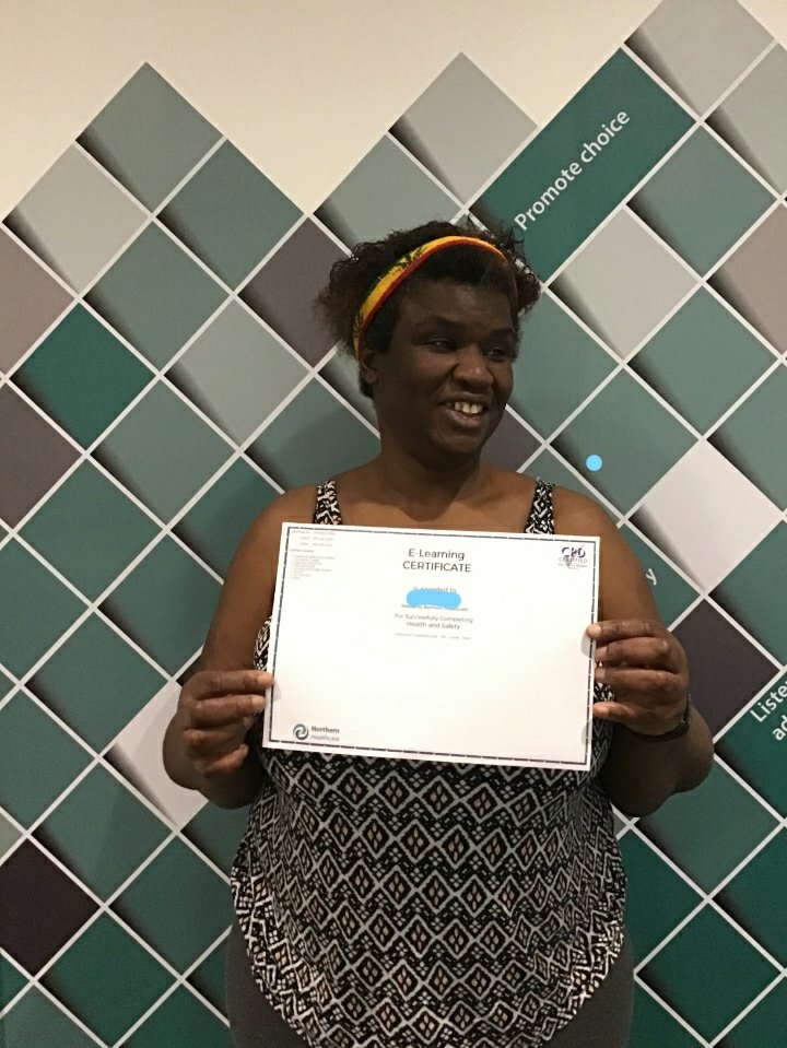 NHC_Merchants's tweet photo. Lockdown means residents can't access community education or volunteering roles. This can impact upon sense of identity, purpose, routine and social networks. So instead here is one of our proud residents with her in-house elearning certificate. What a brilliant achievement! https://t.co/j4L38OQZPD