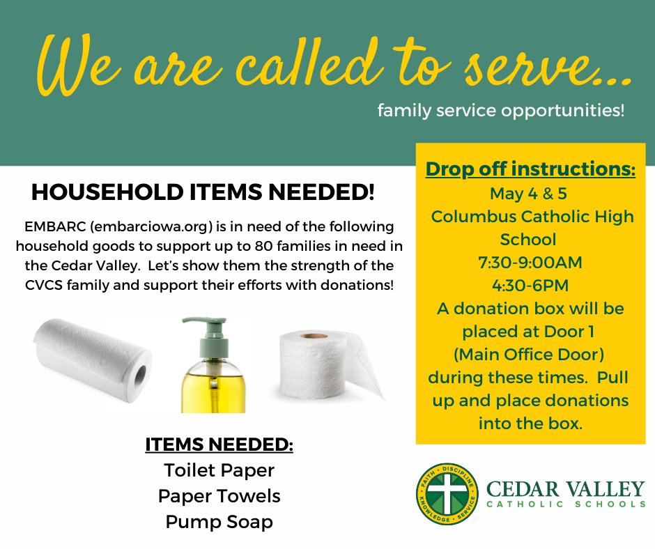 CVCS_Waterloo's tweet photo. Drop off your donations: May 4 &amp; 5, 7:30-9AM or 4:30-6PM--Main entrance (Door 1) of Columbus Catholic High School. https://t.co/JIDHkoiiGo