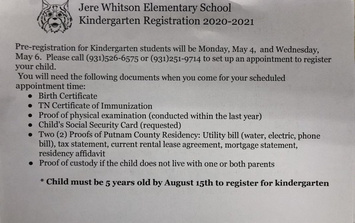 JWES_Wildcats's tweet photo. We are still setting pre-registration appointments for Wednesday for those who are eligible for Kindergarten at Jere Whitson Elementary next year. Please call the JWES office to set an appointment. https://t.co/PLomFiV4l1