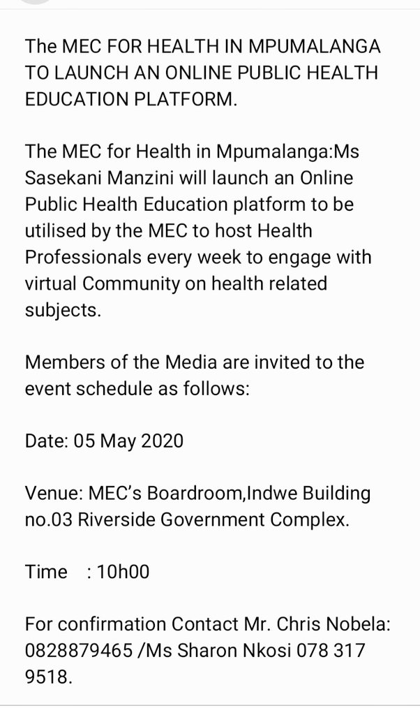 MpuHealth1's tweet photo. The MEC FOR HEALTH IN MPUMALANGA TO LAUNCH AN ONLINE PUBLIC HEALTH EDUCATION PLATFORM. https://t.co/o3uJFMWFIK