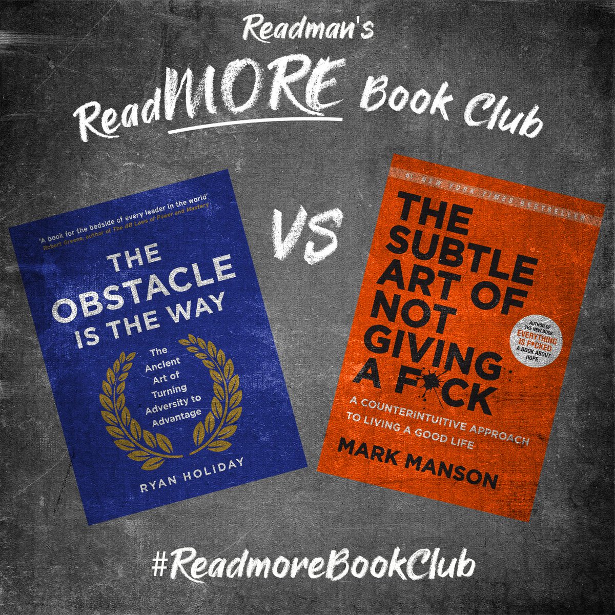 CamReadman's tweet photo. Vote now on Facebook (link in comments) for this months #ReadMOREBookClub book!
This months theme is mentality and overcoming obstacles. The choices are between famous #Stoic, @RyanHoliday's "#TheObstacleistheWay" and @markmanson's "#TheSubtleArtofNotGivingaFuck" https://t.co/qsRuD8sQHc