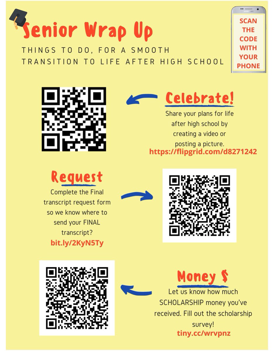📢 📢 Attention ALL Seniors: It is imperative that you complete the links below to “wrap up” your Senior Year. Please message your counselor with any questions.
