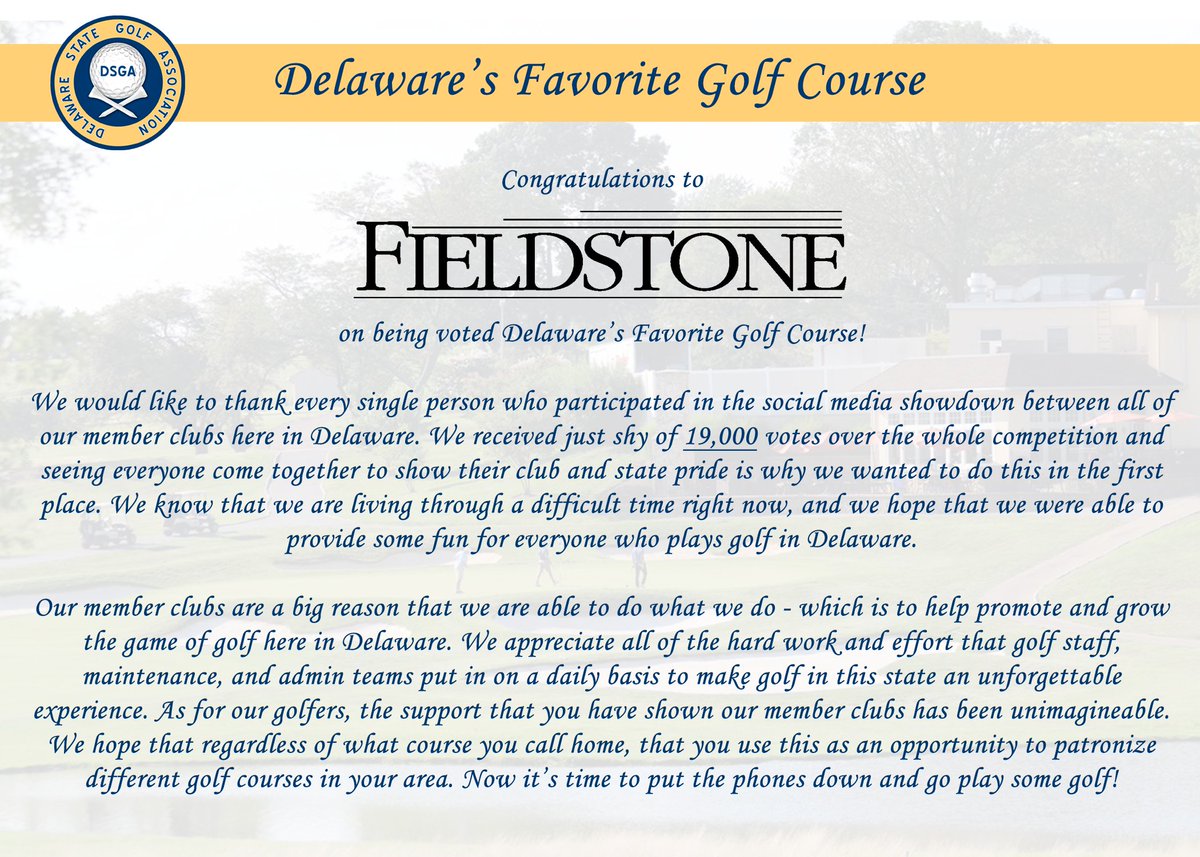 A HUGE congratulations to the winner of the #DSGABracketChallenge and Delaware's Favorite Golf Course ...

Fieldstone Golf Club (<a href="/FieldstoneGolf/">Fieldstone Golf Club</a>)!