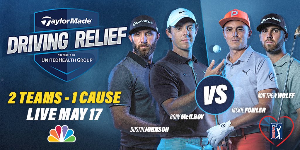 TaylorMade Golf (@taylormadegolf) on Twitter photo We’re in this together. <a href="/McIlroyRory/">Rory McIlroy</a>, <a href="/DJohnsonPGA/">Dustin Johnson</a>, <a href="/RickieFowler/">Rickie Fowler</a> and <a href="/matthew_wolff5/">Matthew Wolff</a> are headlining TaylorMade #DrivingRelief, a charity skins match to raise money for organizations leading the COVID-19 relief efforts. Learn more: tmgolf.co/drivingrelief We’re in this together. <a href="/McIlroyRory/">Rory McIlroy</a>, <a href="/DJohnsonPGA/">Dustin Johnson</a>, <a href="/RickieFowler/">Rickie Fowler</a> and <a href="/matthew_wolff5/">Matthew Wolff</a> are headlining TaylorMade #DrivingRelief, a charity skins match to raise money for organizations leading the COVID-19 relief efforts. Learn more: tmgolf.co/drivingrelief