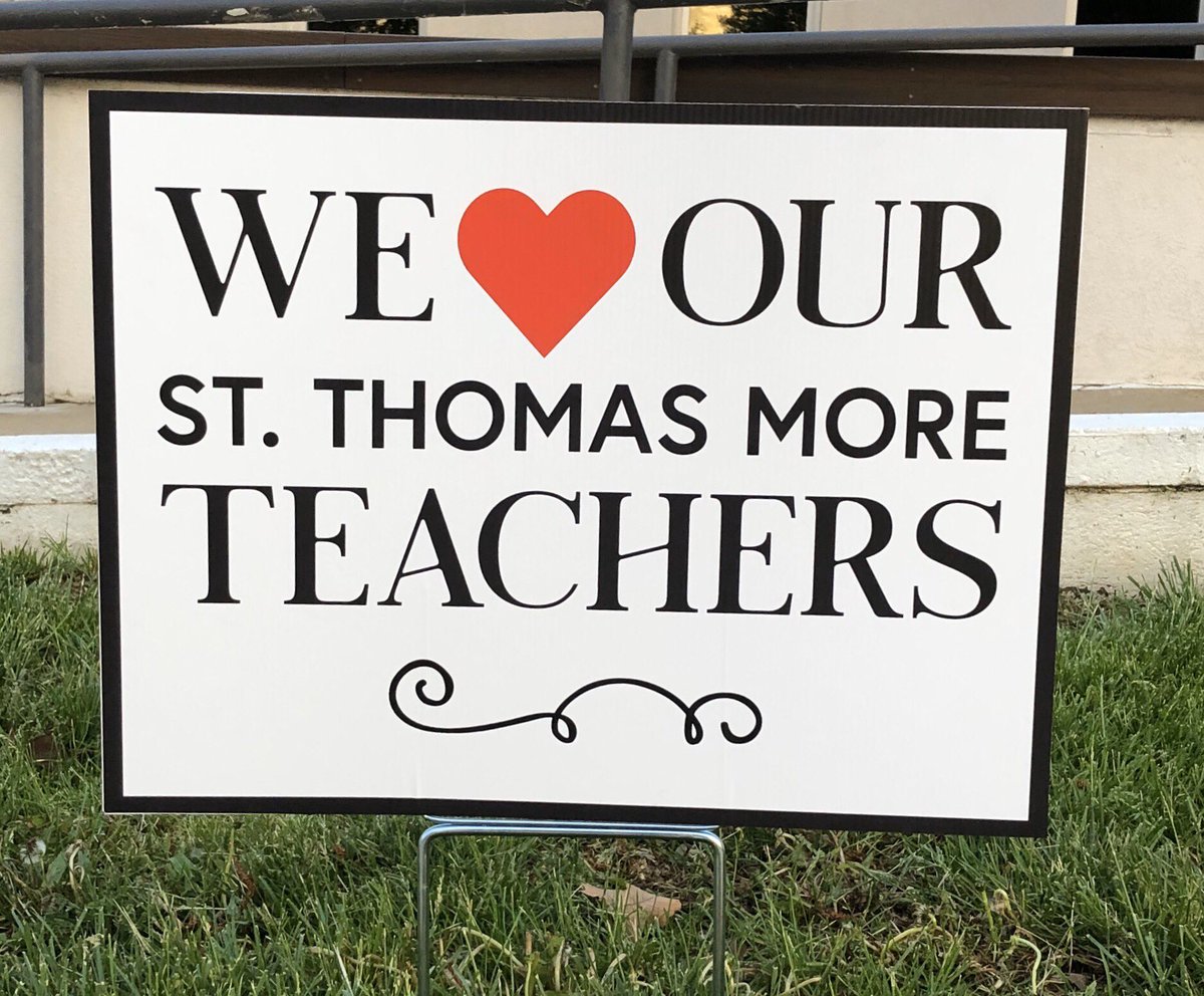 STMKCPrincipal's tweet photo. Great way to start our Week at STM.  Home and School Organization placed these signs in Teachers yards over the weekend. We even had a couple at STM this morning. Today is the start of Staff and Teacher Appreciation Week- chose a way to Thank a Staff Member this week. https://t.co/wYFPBtrIJo