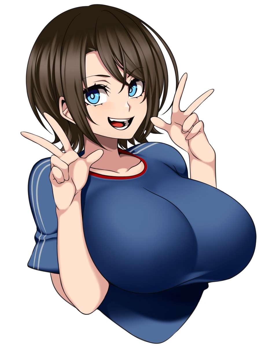 1girl blue eyes blue shirt breasts brown hair double v looking at viewer  illustration images