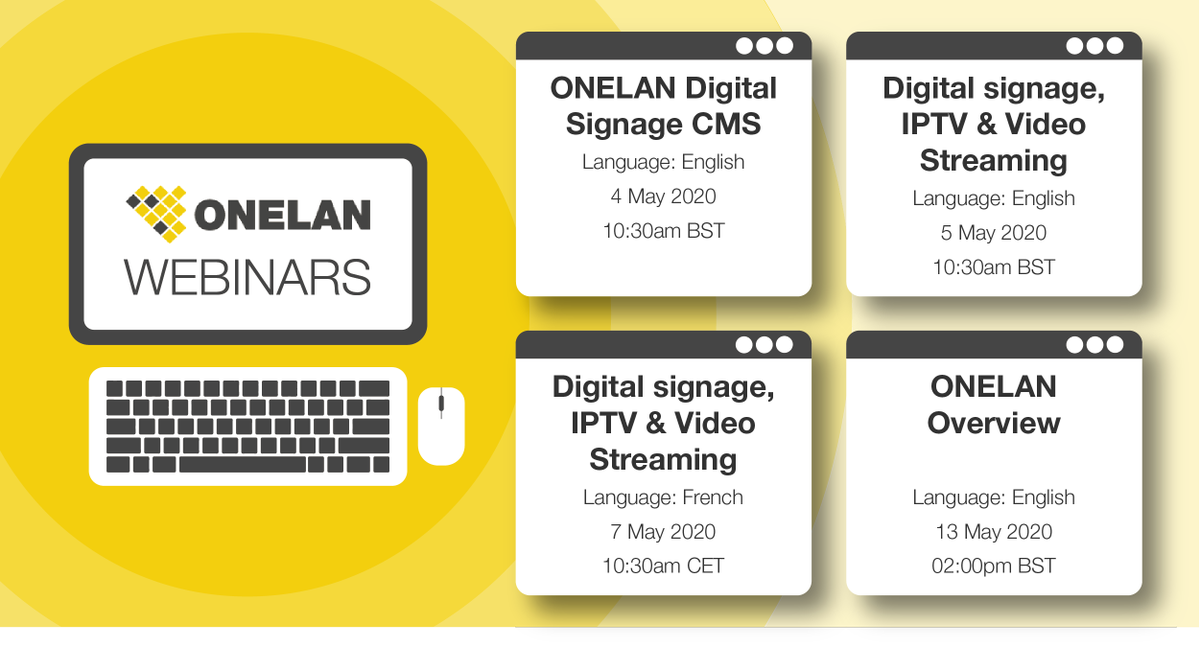 Learn something new with ONELAN webinars. Our webinars discuss a range of topics and provide expert advice and best practice tips on a variety of technology solutions.
Discover more: onelan.com/webinars/
#Webinars #Events #DigitalSignage #DigitalLearning
