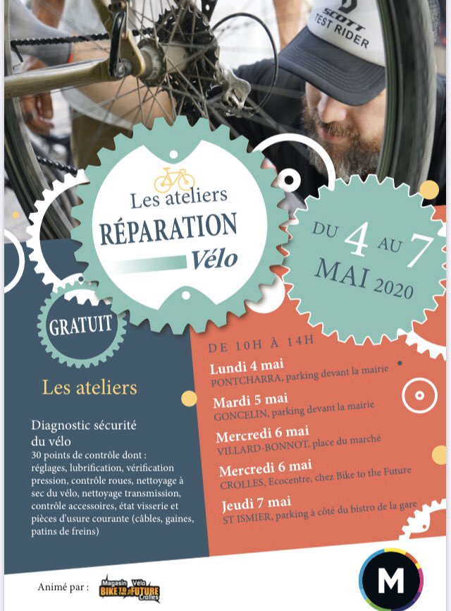 Réparation gratuite de vélos possibles demain à Goncelin, mercredi à Crolles et Villard-Bonnot, jeudi à Saint Ismier. Passe le message à ton voisin ;-)