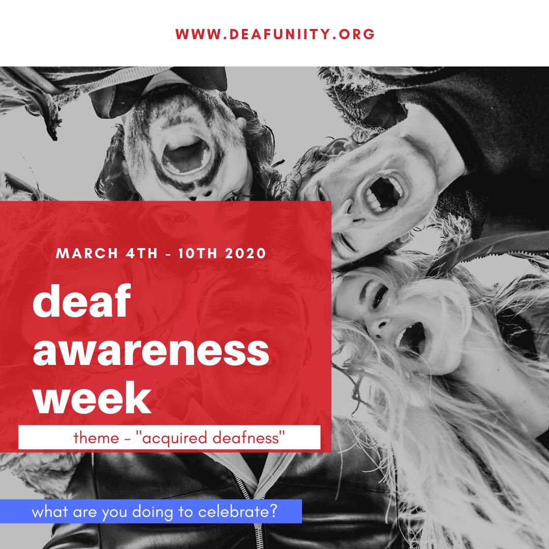 deafunity's tweet photo. Today is the start of Deaf Awareness Week in the UK! Theme: acquired deafness. With 12 million affected, we need to talk about it. All this week we will be sharing DA tips. Share your story of deafness at https://t.co/E21acQVjAg #deaf #deafawareness #ducommunity #dufamily https://t.co/ZXN8k58JE5
