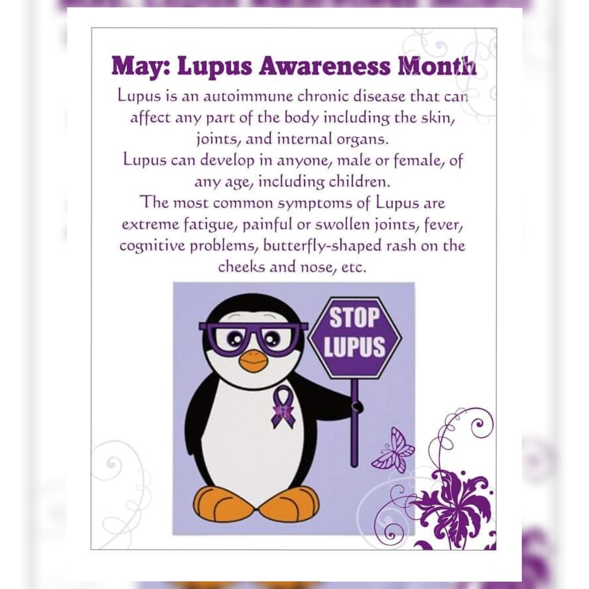 CaringForLupus's tweet photo. #LupusAwarenessMonth

Lupus | What is that? 🦋💜

Throughout this day, this month and always, let's help continue the conversation to raise awareness.

#Lupus #LupusChat #LupusWarrior #LupusAwareness #LHandSign #POP #KellyFundForLupus #KnowLupus #100Lupus #FFpaciente #LADAorg https://t.co/oUXQWMQBOV