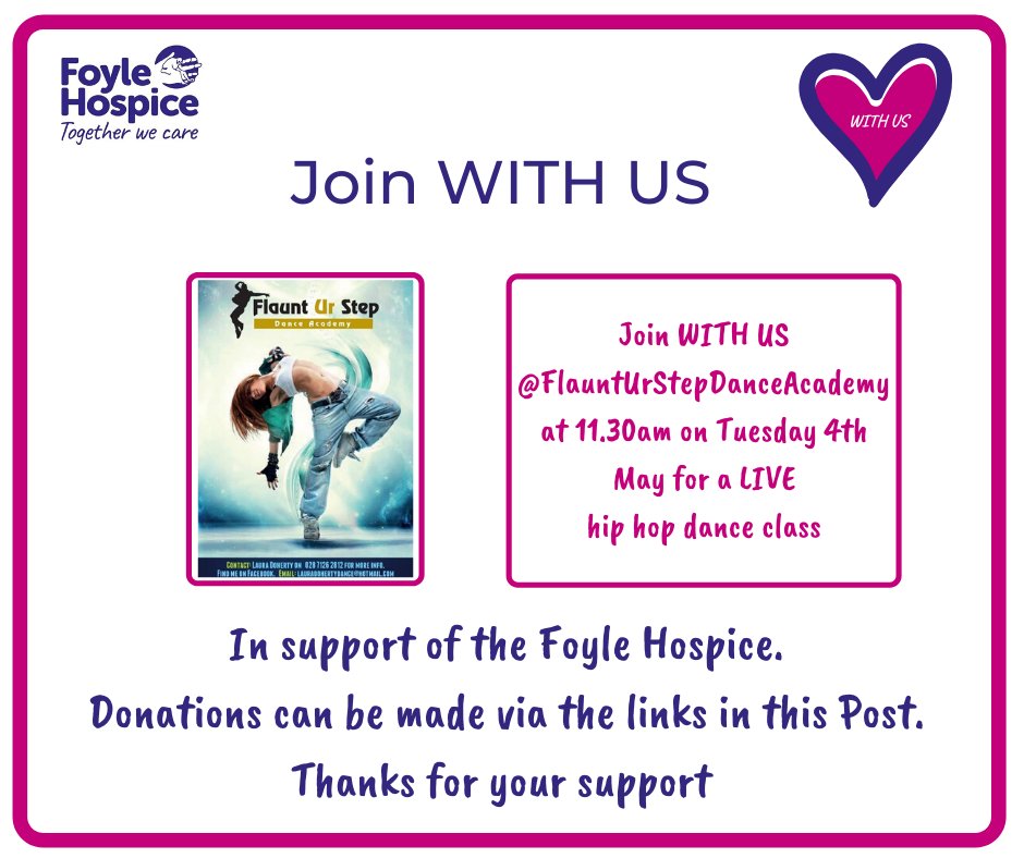 FoyleHospice's tweet photo. Get Active WITH US and tune in tomorrow at 11.30am for a family friendly dance event 👣 with Flaunt Ur Step Dance Academy. Donations: https://t.co/ezwp6UW8zU 
#withus #dancewithus #getactivewithus #hospice #fundraising #donate #community #weneedyourhelp #familyfun #dance https://t.co/B5Ml8T0cqJ