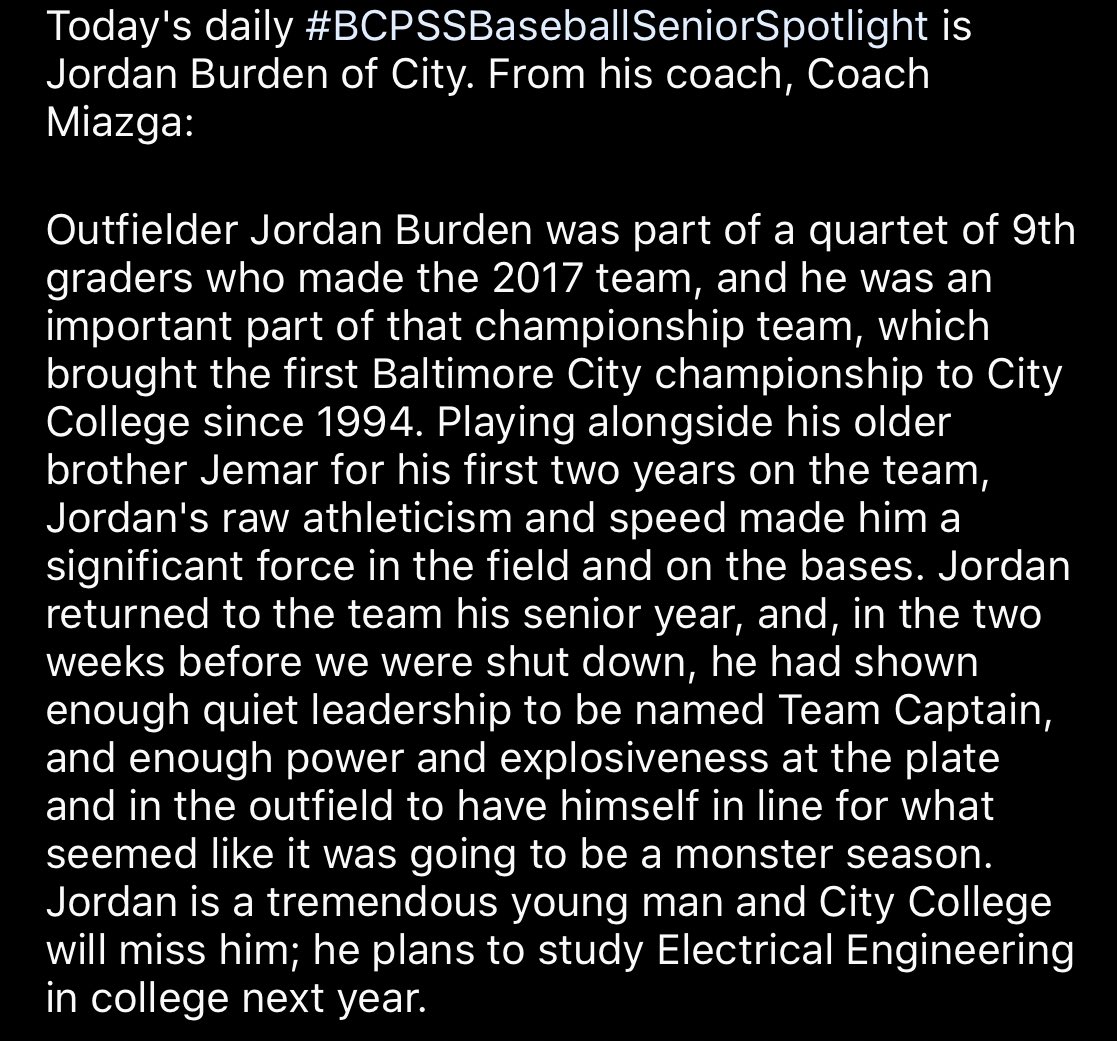 BCPSSBaseball's tweet photo. Due to COVID-19, the 2020 High School Baseball Season has been lost, and Baltimore City coaches have been honoring seniors who are missing out on their @BcpssAthletics senior year. 

Today's daily #BCPSSBaseballSeniorSpotlight is Jordan Burden of City. From Coach Miazga: https://t.co/Dc7wZVton9