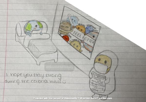 SmithUSHistory's tweet image. After a lesson on the value of handwritten correspondence, students had to handwrite &amp;amp; mail a letter with a sketch to someone about their  #COVID19 experiences. Here is an adorable cartoon one of my students drew. Please RT to spread #PositiveVibes  #coronavirus #History