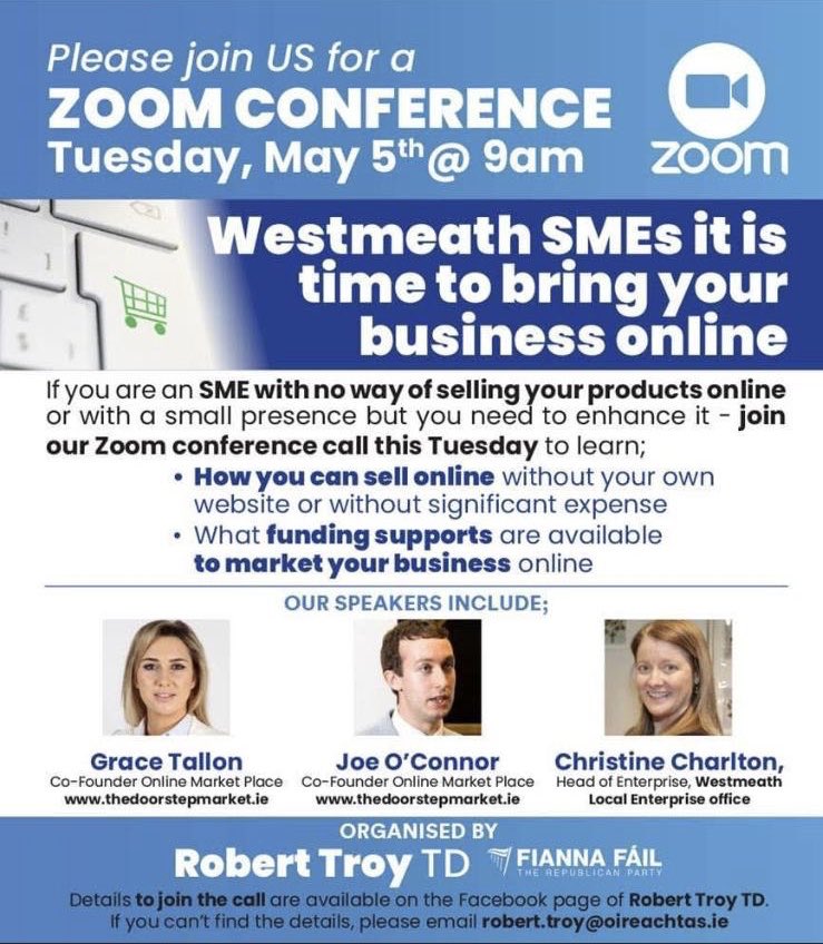 Are you a small business, producer or artist in Westmeath? Tomorrow we will be speaking about how The Doorstep Market can help your business survive through Covid-19 &amp; beyond.

Thanks <a href="/RobertTroyTD/">Robert Troy TD</a> for organising. 

Join Zoom Meeting 👇🏼
us02web.zoom.us/j/85304867240

#StayHomeShopLocal