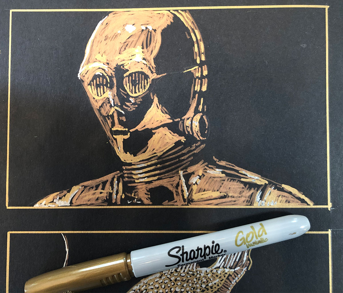 rcassel's tweet photo. #MayThe4thBeWithYou Two drawings made with metallic marker on black paper and acrylic wash. #MayWeCreate #StarWarsDay https://t.co/A4Onko4wtF