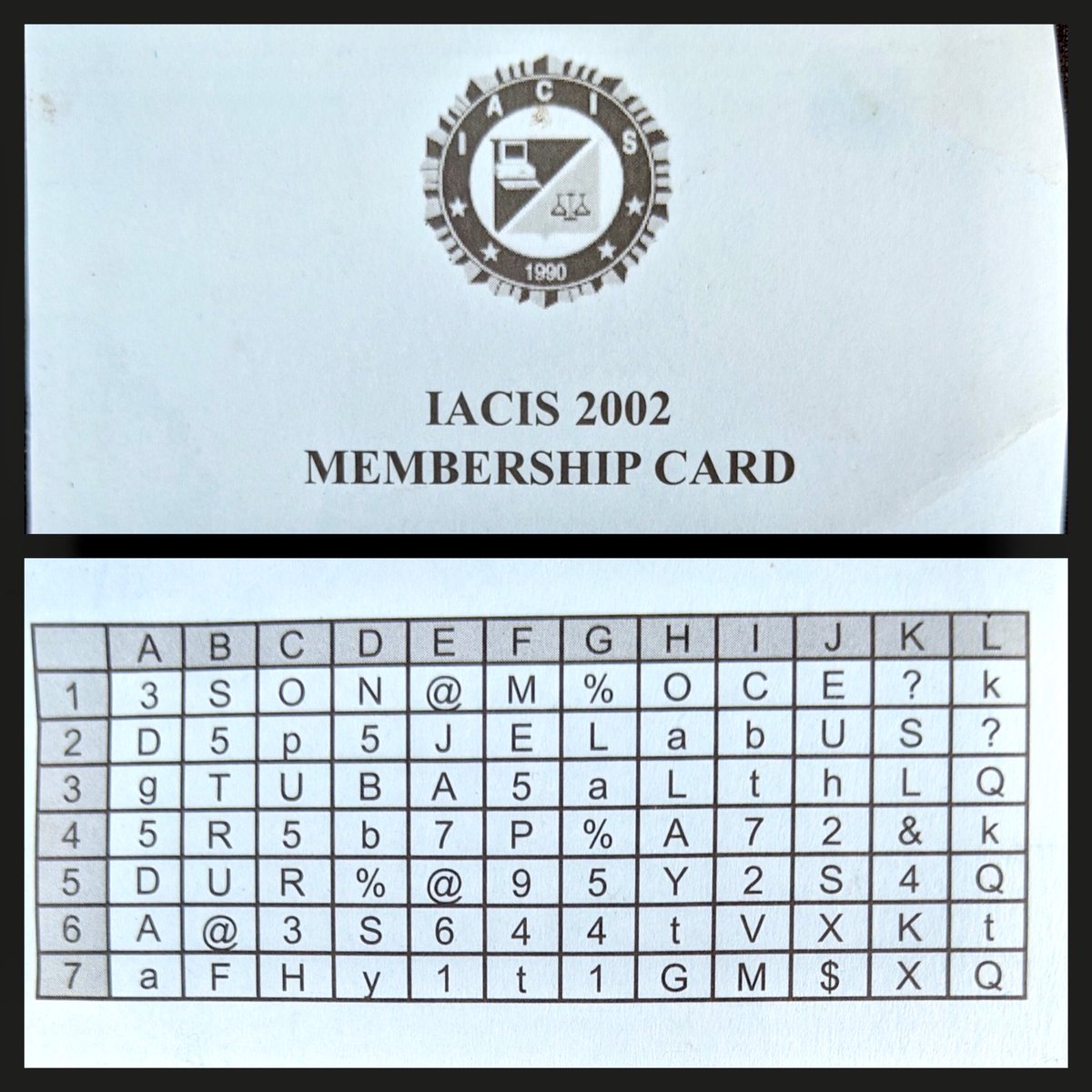 IACIS's tweet photo. The top secret IACIS "membership decoder cards" revealed right here! Find out how these were used as a forerunner to two-factor authentication on our FB (IACIS) or IG (this_is_iacis) pages. 

#iacis #digitalforensics #30years #forefunners #alwaysimproving https://t.co/OB6tv7uuiQ
