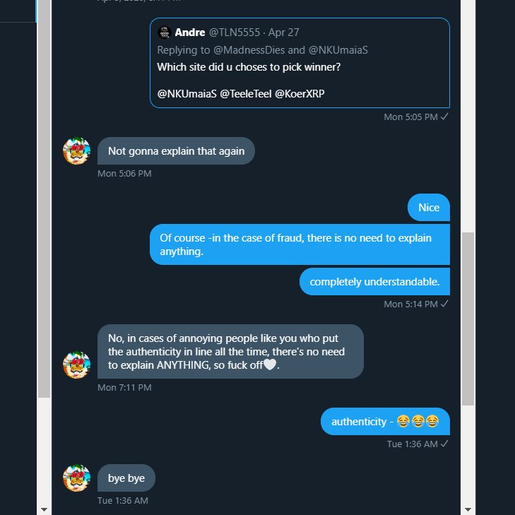 TLN5555's tweet photo. @MadnessDies @MadnessDies smells of fraud🦨
Think that proves my point, he just blocked me lol. 

 Be cautious about which giveaways you enter.
#ScammerAwareness
#Scammer #Scam #Scams #TwitterScam #TwitterFraud #FakeGiveAways #FakeGaws #FakeGaw

@cctip_io draw 0.01 ETH 250 #MadnessDiesScam https://t.co/PNtJV3Hy3I