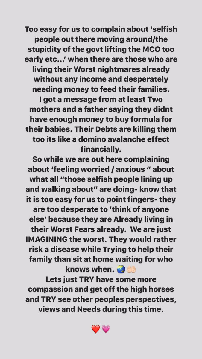 sarimahi's tweet photo. My thoughts on lifting the MCO and how we need to see others perspectives too. #StopCovid19 #nakcarimakanjuga #mcomalaysia #noteveryonecanaffordtoDudukrumah #letsbeunderstanding https://t.co/iyugLUaaGn