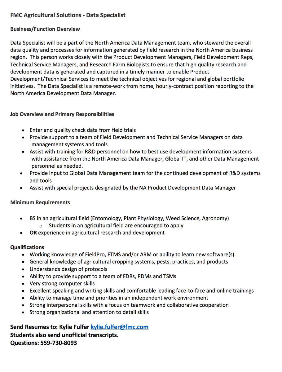 Position opening with FMC for candidates with a B.S. in an Ag related field.