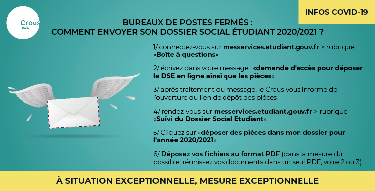 CrousParis's tweet photo. #INFOBOURSE #COVID19
Les bureaux de postes sont fermés ? 
La procédure à suivre pour déposer son dossier en ligne 👇 https://t.co/BfuvpBBALH