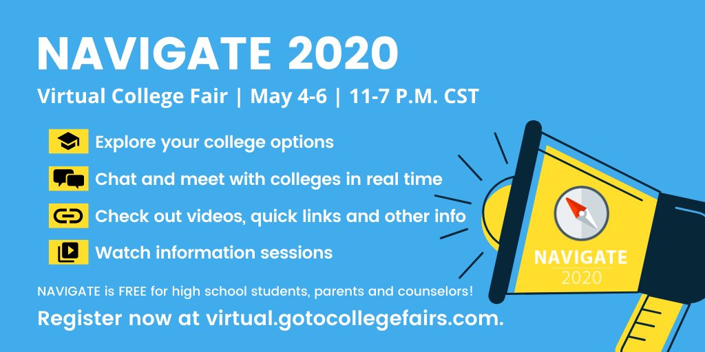smnw_advise's tweet photo. Be sure to check out the Navigate 2020 Virtual Conference and College Fair!!💥 there are helpful webinars &amp; opportunities for students &amp; parents alike. Happening today through Wednesday so be sure to sign up now! https://t.co/Q912K49fXe
