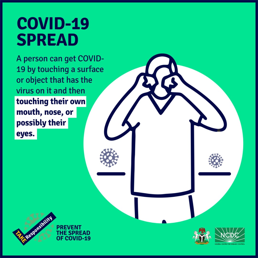 NCDCgov's tweet photo. #COVID19 can spread easily by touching a contaminated surface then touching your face

Please remember to avoid :
🧼Touching your face with unclean hands 
😷Adjusting your face mask when on

#TakeResponsibility https://t.co/r8A55er1AM