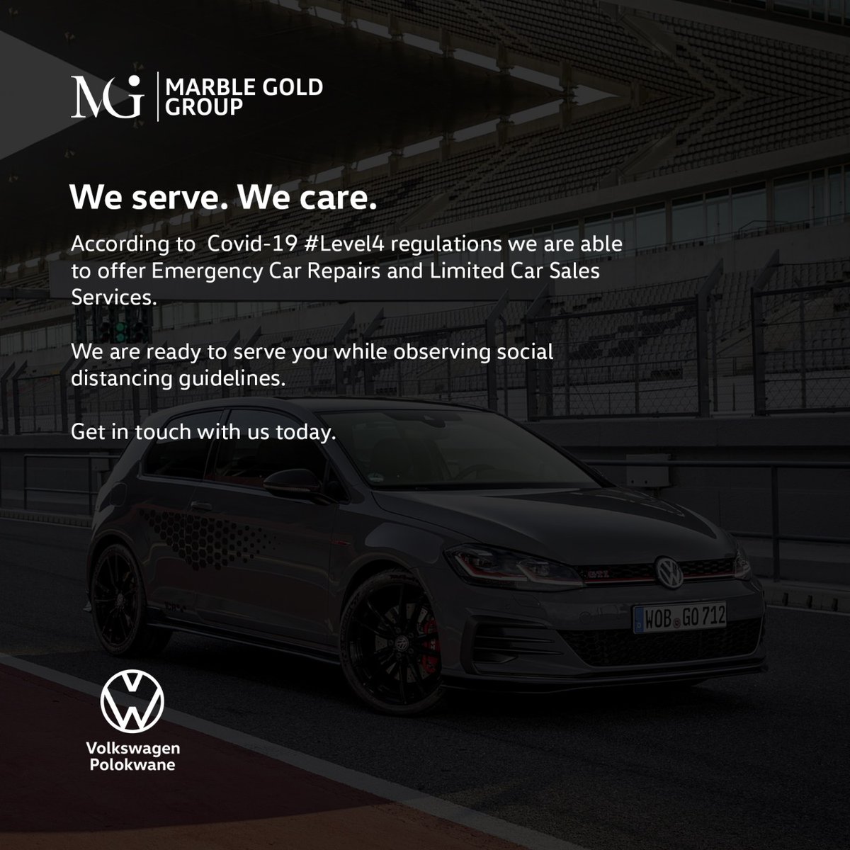 PolokwaneVW's tweet photo. According to Covid-19 #Level4 regulations we are able to offer Emergency Car Repairs and Limited Car Sales Services.

We are ready to serve you while observing social distancing guidelines.

Get in touch with us today,

We Serve, We Care!

#VWPolokwane #VWCommercialPolokwane https://t.co/PA3GAzyHLc