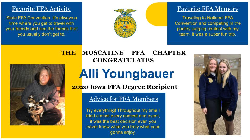 MuscatineFFA's tweet photo. Muscatine FFA wants to recognize our members receiving their State FFA Degree this spring. Congrats Alli! https://t.co/tIBLanoiVj