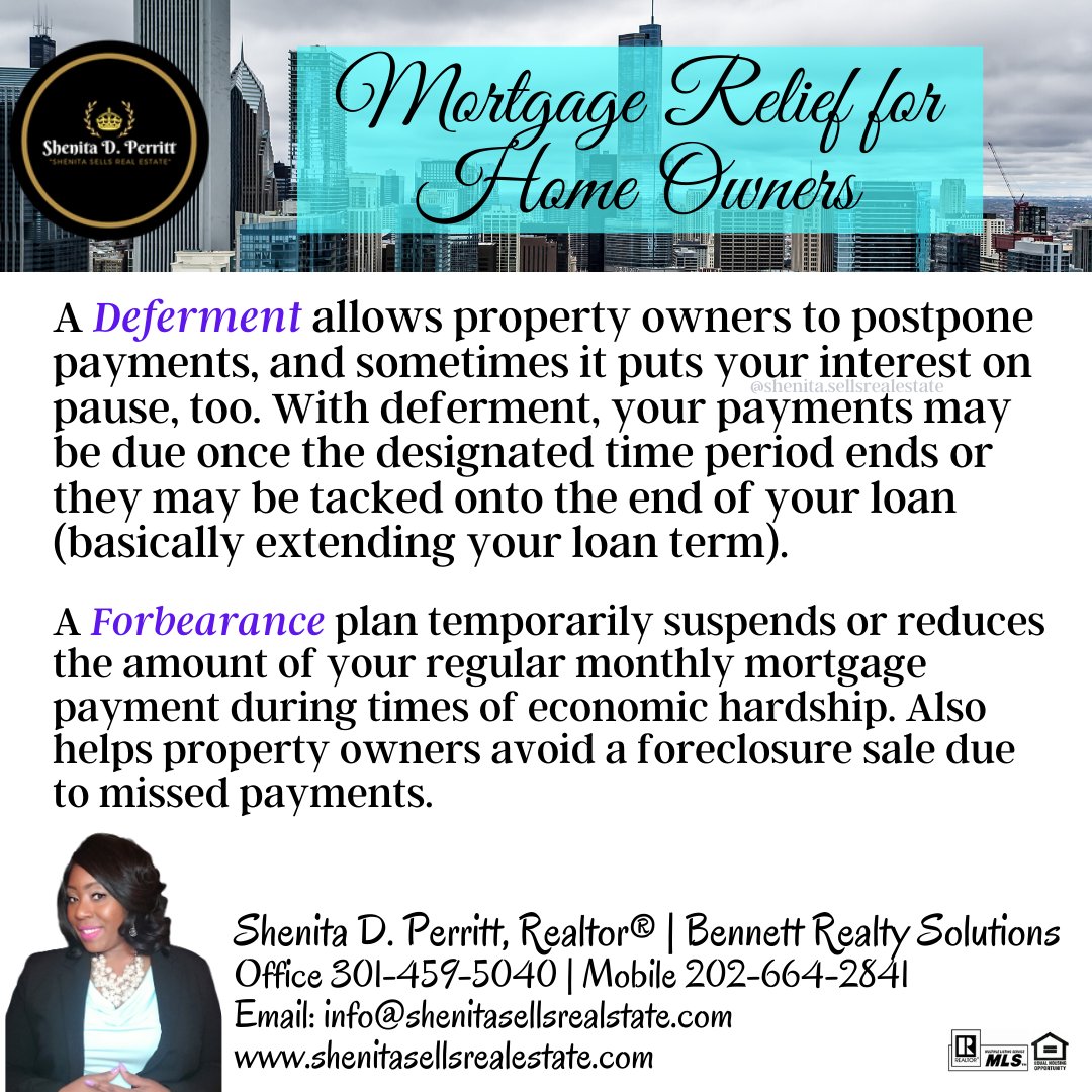 ShenitaPerritt's tweet image. Financial challenges due to the coronavirus have many homeowners in search of mortgage relief. Contact your lender directly immediately to discuss your options for a deferment or forbearance.  #deferment #realestateadvice #mortgagerelief #forbearance #shenitasellsrealestate