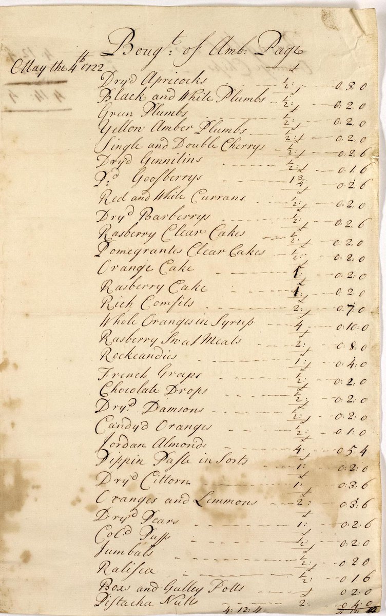 nyccarchives's tweet photo. Jumbals, Pistacha nuts, dried fruits and all sorts of cakes and sweetmeats! Looks like this long list of tasty dishes was ordered for a special occasion #OnThisDay 1722 by the #Fairfax family of #Gilling. A wedding or a birthday perhaps? 
#OTD https://t.co/6RMtqkoa88